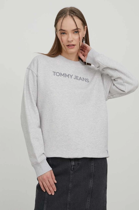 Tommy Jeans hanorac de bumbac femei, culoarea gri, cu imprimeu DW0DW17327