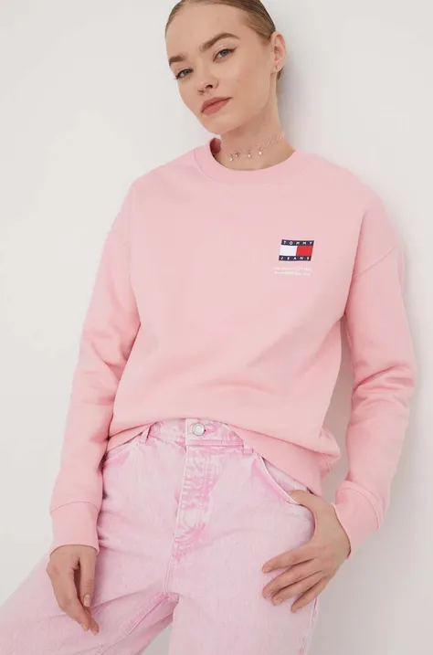 Tommy Jeans hanorac de bumbac femei, culoarea roz, cu imprimeu