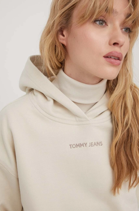 Tommy Jeans hanorac de bumbac femei, culoarea bej, cu glugă, imprimeu DW0DW17329