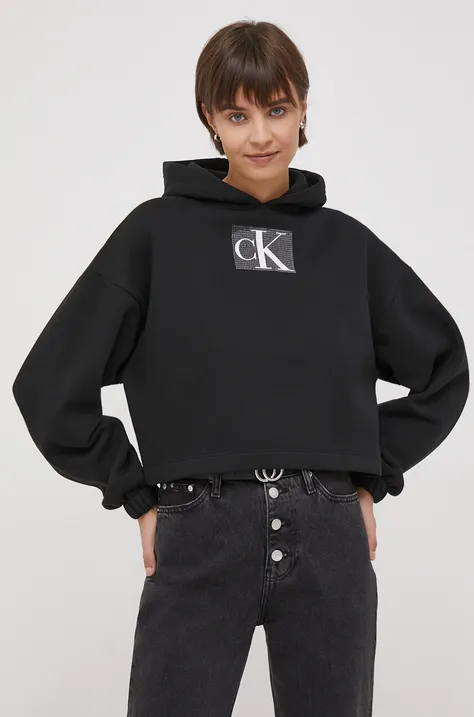 Calvin Klein Jeans felső fekete, női, nyomott mintás, kapucnis