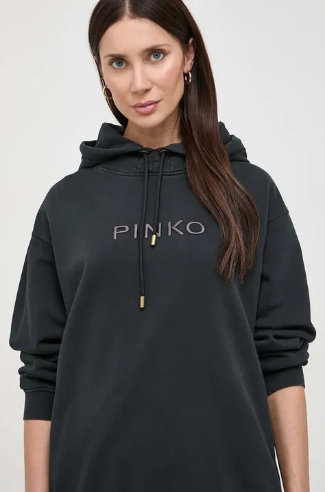 Bombažen pulover Pinko ženska, črna barva, s kapuco