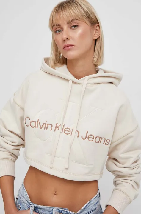 Bombažen pulover Calvin Klein Jeans ženska, bež barva, s kapuco