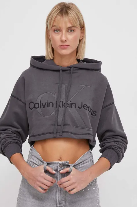 Хлопковая кофта Calvin Klein Jeans женская цвет серый с капюшоном с аппликацией