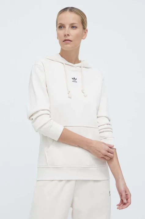 Bombažen pulover adidas Originals Essentials Regular Hoodie ženski, bež barva, s kapuco, IA6426