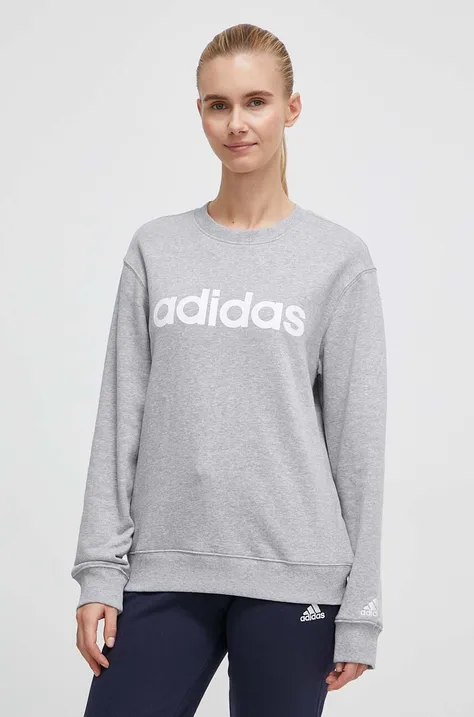 Bombažen pulover adidas ženska, siva barva