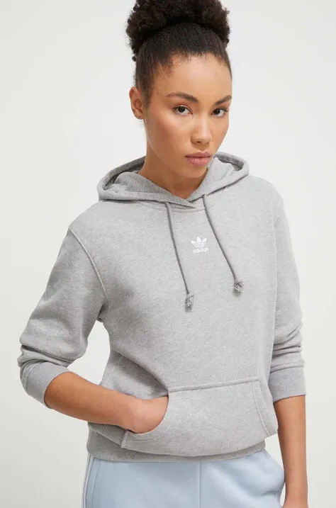 Bombažen pulover adidas Originals ženska, siva barva, s kapuco