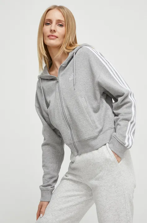 Bombažen pulover adidas ženska, siva barva, s kapuco