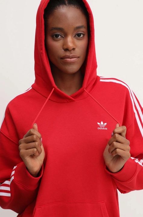 Pulover adidas Originals 3-Stripes Hoodie OS ženski, rdeča barva, s kapuco, IN8397