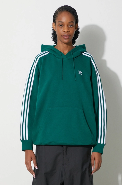 adidas Originals bluză 3-Stripes Hoodie OS femei, culoarea verde, cu glugă, cu imprimeu, IN8400