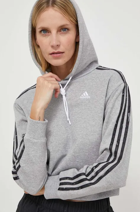 Хлопковая кофта adidas женская цвет серый с капюшоном с принтом