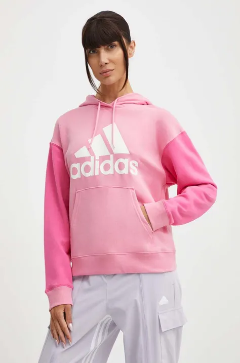 Бавовняна кофта adidas жіноча колір рожевий з капюшоном з принтом IR5450