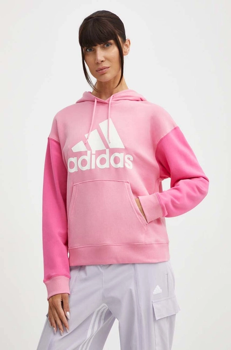 Bavlněná mikina adidas dámská, růžová barva, s kapucí, s potiskem, IR5450