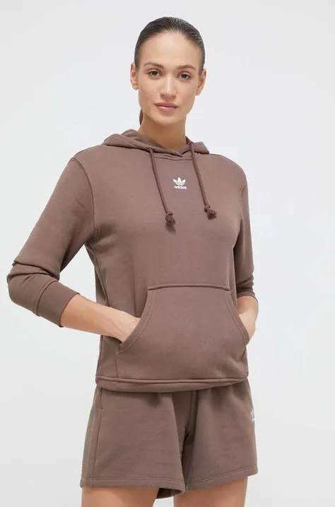 Bombažen pulover adidas Originals ženska, rjava barva, s kapuco
