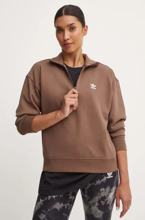 adidas Originals bluza Essentials Halfzip Sweatshirt femei, culoarea maro, cu imprimeu, IR5938