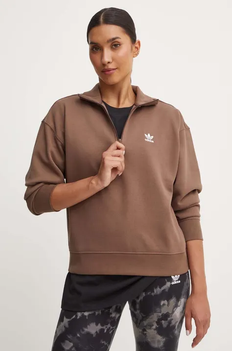 Mikina adidas Originals Essentials Halfzip Sweatshirt dámská, hnědá barva, s aplikací, IR5938