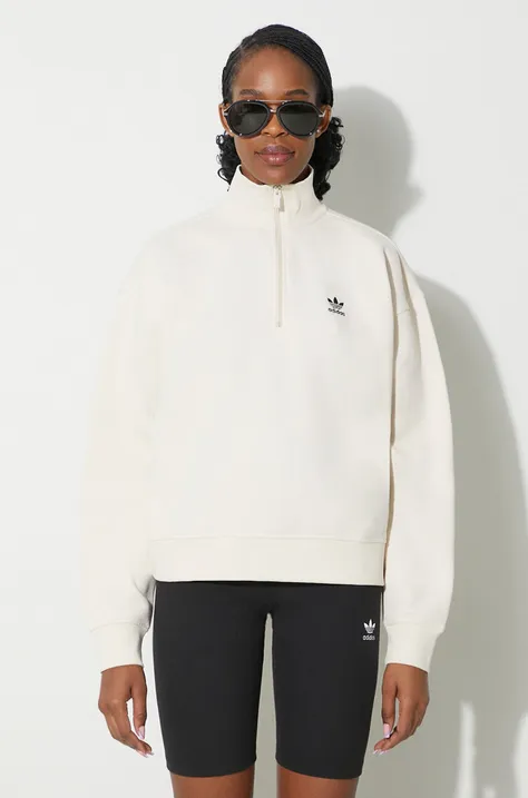 adidas Originals bluză Essentials Halfzip Sweatshirt femei, culoarea bej, uni, IR5940