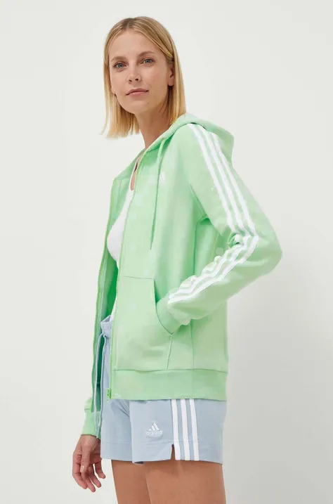 Кофта adidas жіноча колір зелений з капюшоном з аплікацією