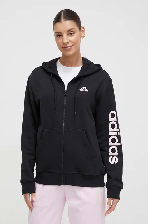 Bavlnená mikina adidas dámska, čierna farba, s kapucňou, s nášivkou,  IS2072