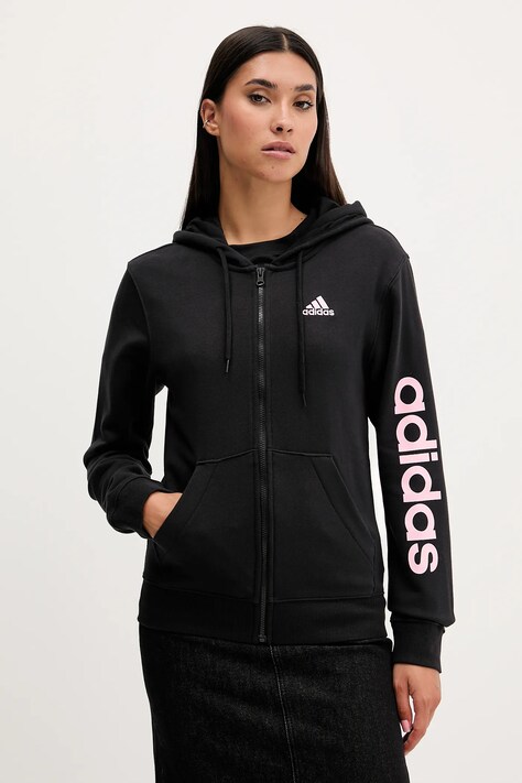 Bavlnená mikina adidas dámska, čierna farba, s kapucňou, s nášivkou,  IS2072