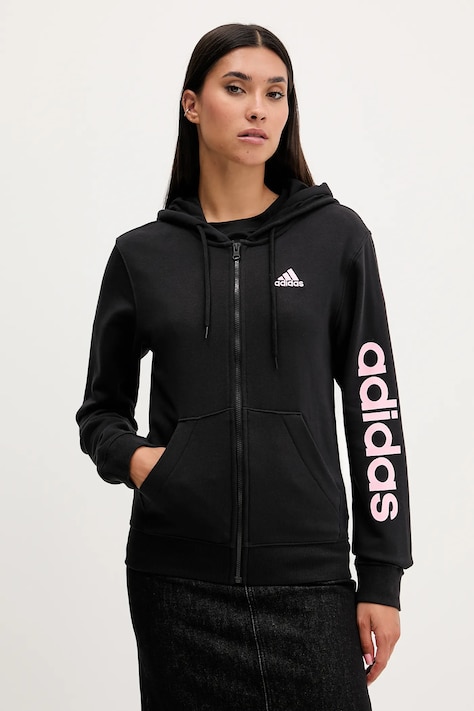 adidas hanorac de bumbac femei, culoarea negru, cu glugă, cu imprimeu  IS2072