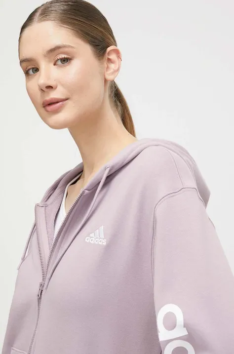 Bavlnená mikina adidas dámska, fialová farba, s kapucňou, s nášivkou,  IS2073