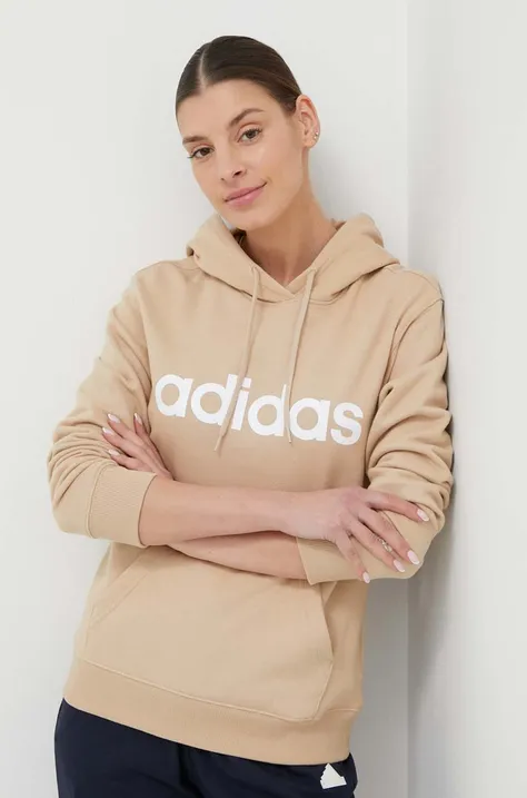 Bavlnená mikina adidas dámska, béžová farba, s kapucňou, s potlačou, IS2083