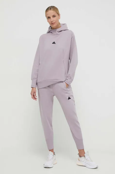 Кофта adidas ZNE жіноча колір фіолетовий з капюшоном з принтом IS4336