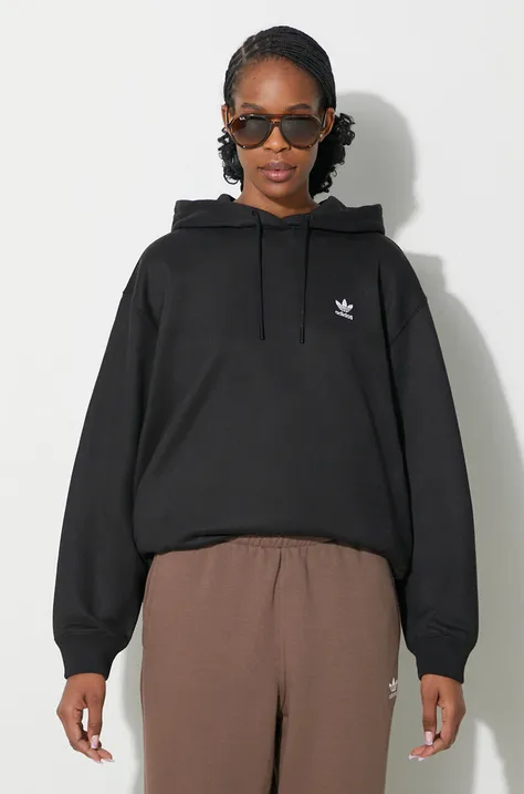Pulover adidas Originals Trefoil Hoodie ženski, črna barva, s kapuco, IU2409