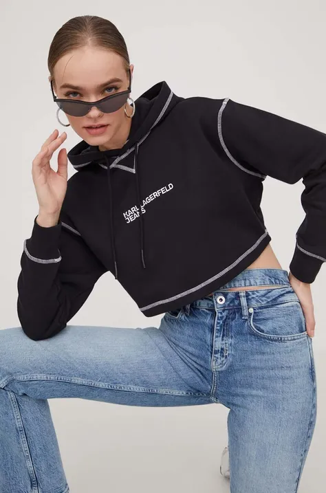 Karl Lagerfeld Jeans bluza femei, culoarea negru, cu glugă, cu imprimeu
