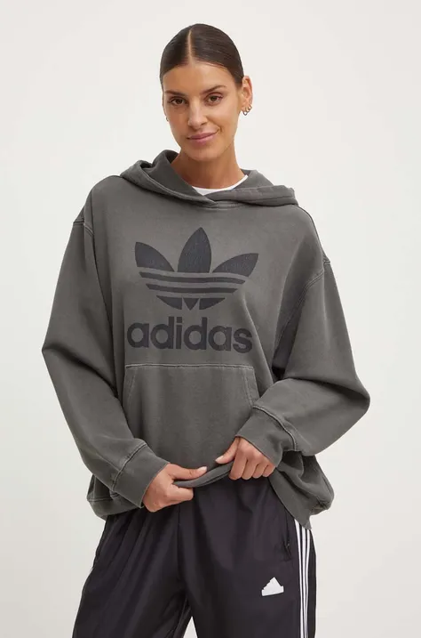 Bombažen pulover adidas Originals Washed Trefoil Hoody ženski, siva barva, s kapuco, IN2269
