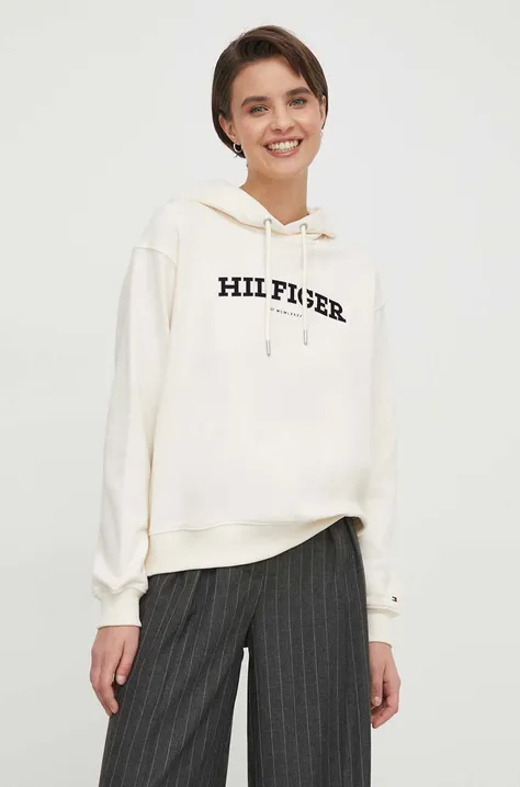 Βαμβακερή μπλούζα Tommy Hilfiger γυναικεία, χρώμα: μπεζ, με κουκούλα