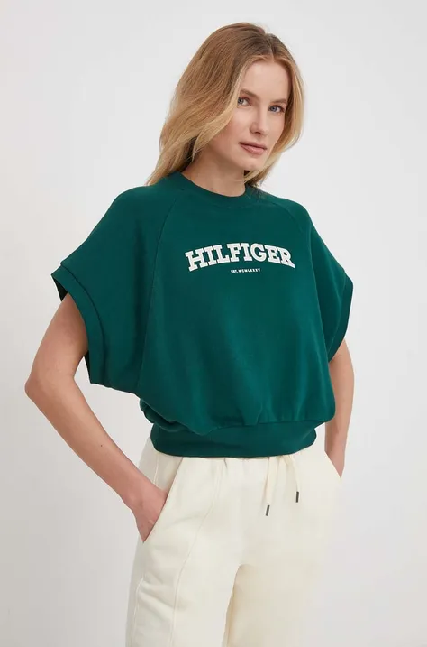 Bavlnená mikina Tommy Hilfiger dámska, zelená farba, s potlačou, WW0WW41240