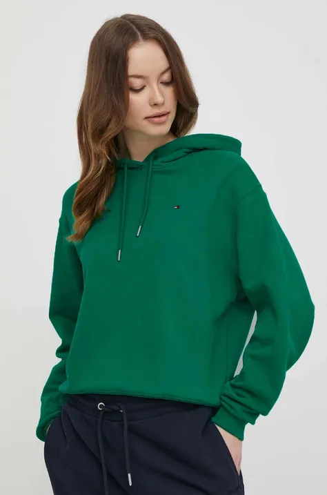 Bombažen pulover Tommy Hilfiger ženska, zelena barva, s kapuco