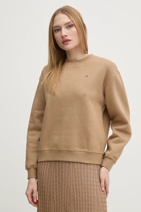 Tommy Hilfiger hanorac de bumbac femei, culoarea maro, neted