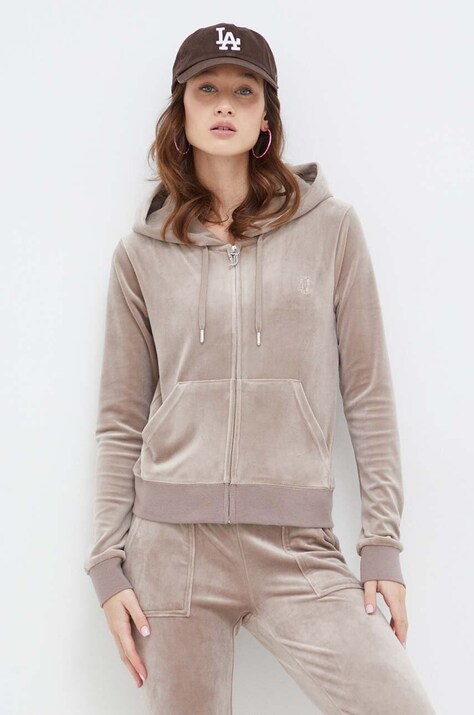 Juicy Couture bluza welurowa kolor beżowy z kapturem gładka