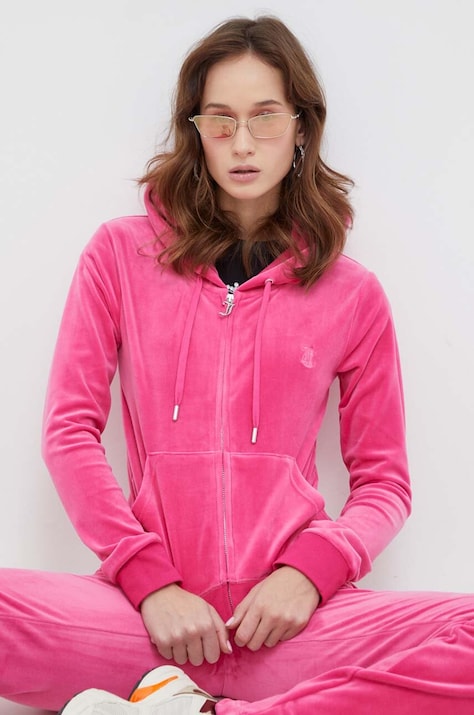 Juicy Couture bluza welurowa kolor różowy z kapturem z aplikacją