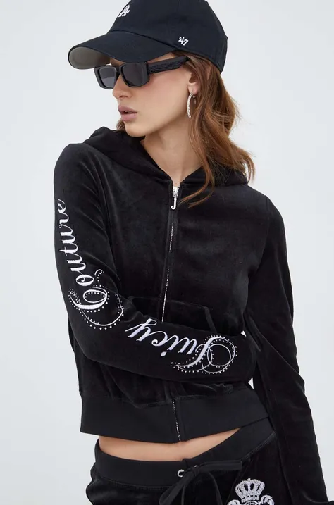 Vlnená mikina Juicy Couture čierna farba, s kapucňou, s nášivkou