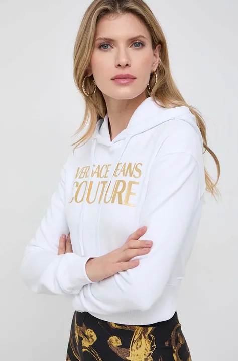 Bombažen pulover Versace Jeans Couture ženska, bela barva, s kapuco