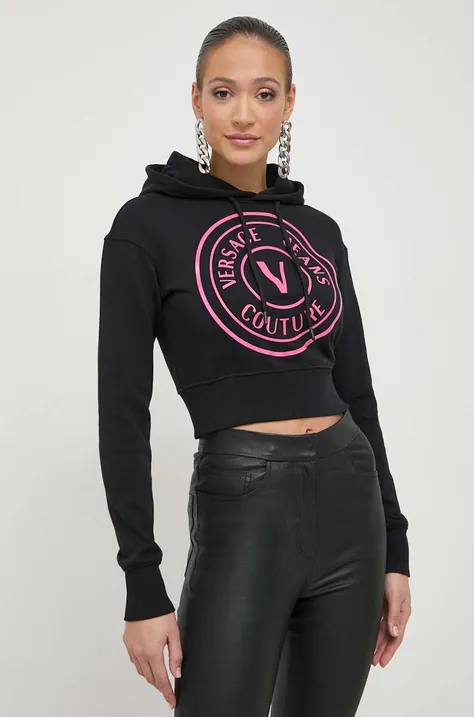 Bombažen pulover Versace Jeans Couture ženska, črna barva, s kapuco