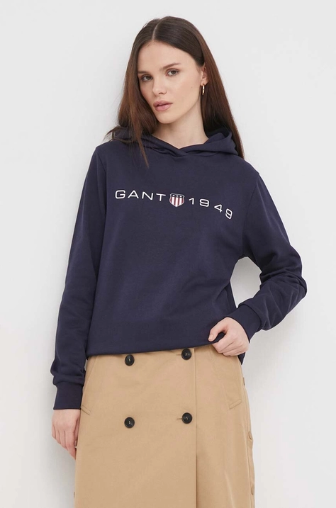 Gant bluza damska kolor granatowy z kapturem z nadrukiem