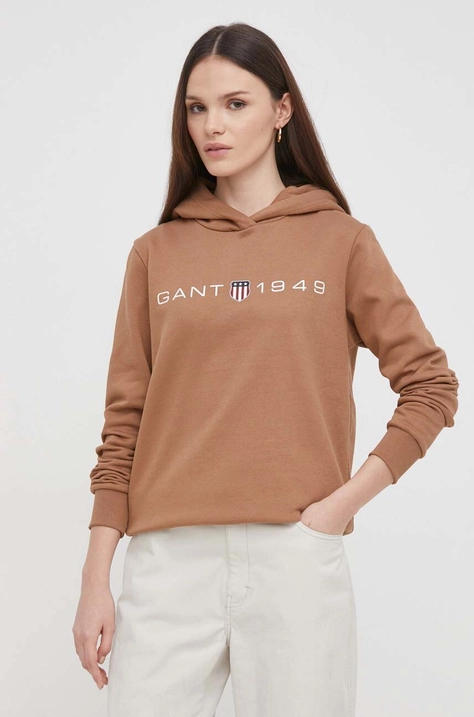 Gant bluza damska kolor brązowy z kapturem z nadrukiem