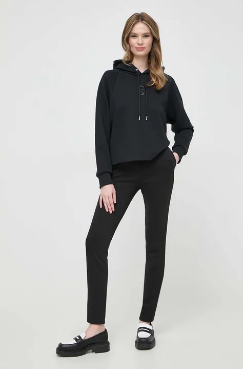 Bombažen pulover BOSS ženska, črna barva, s kapuco