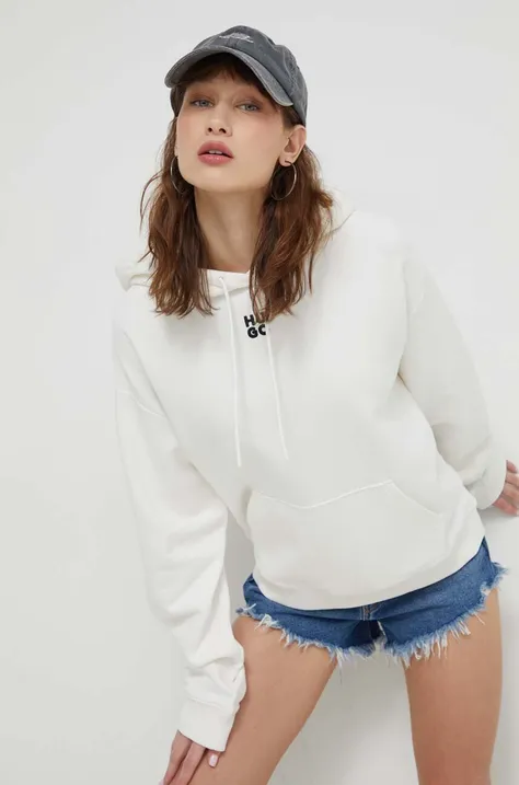 Бавовняна кофта HUGO жіноча колір білий з капюшоном з аплікацією