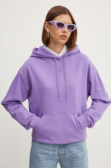 HUGO hanorac de bumbac femei, culoarea violet, cu glugă, cu imprimeu, 50522423