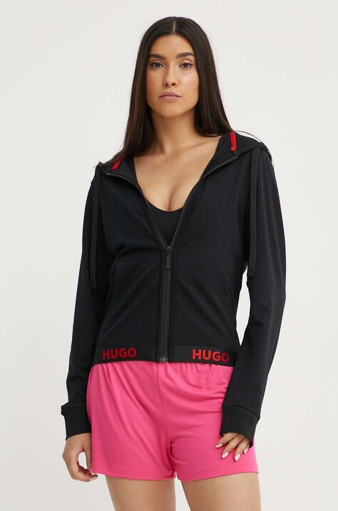 HUGO bluza femei, culoarea negru, cu glugă, neted