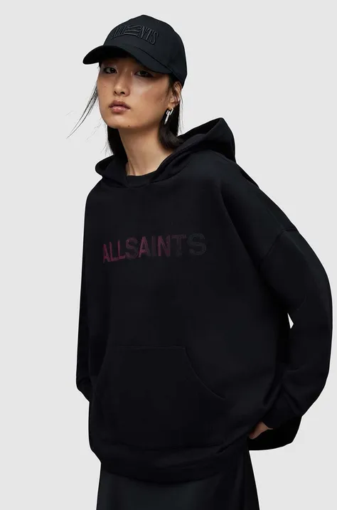 AllSaints bluza Shadow damska kolor czarny z kapturem z nadrukiem