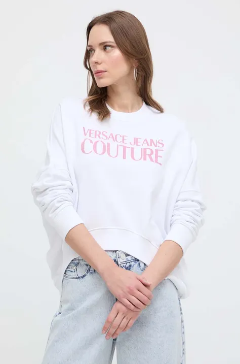 Pamučna dukserica Versace Jeans Couture za žene, boja: bijela, s kapuljačom, s tiskom