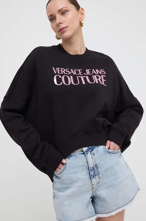 Versace Jeans Couture bluza bawełniana damska kolor czarny z kapturem z nadrukiem