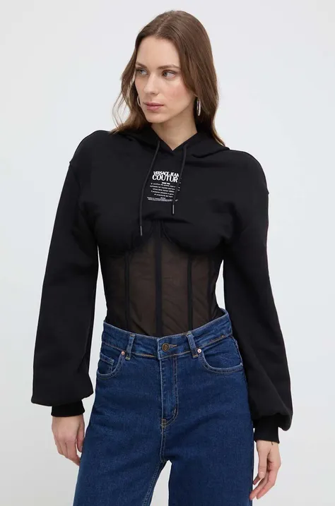 Versace Jeans Couture bluza femei, culoarea negru, cu glugă, cu imprimeu
