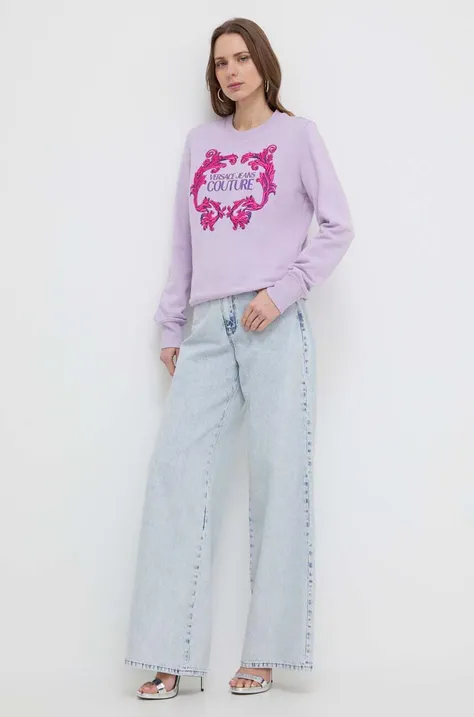 Pamučna dukserica Versace Jeans Couture za žene, boja: ljubičasta, s tiskom
